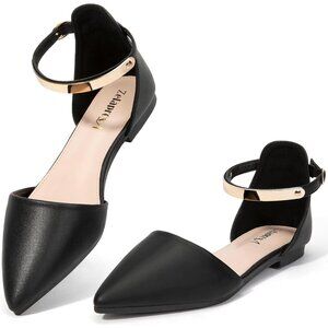 🆕Women Black Pu Faux Leather Rhinestone Pointed Toe Dressy Flat Bow Ballet Shoe